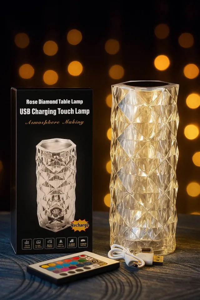 Rose Diamond Table Lamp by THE URBAN MART – LED Crystal Touch Lamp for Home Décor