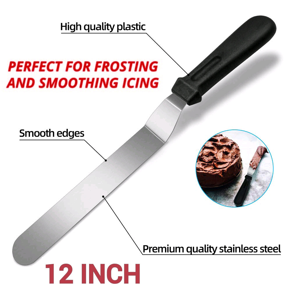 Cake Rotating Turntable 28cm & 12inch Steel Spatula & 12Pcs Cake Decorating Small Nozzles Set & 10Pcs Disposable Piping Bags & 3Pcs Cake Creem icing Scraper Set & Free Cake Board TheUrbanMart