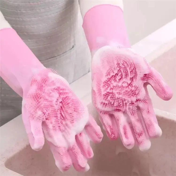 Silicone Dishwashing Gloves by THE URBAN MART – Heat-Resistant Cleaning Gloves with Scrubber