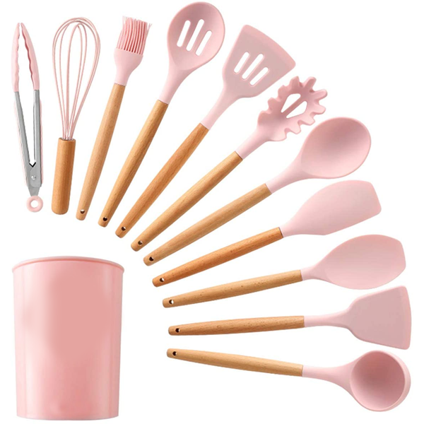 12 Pcs Silicone Cooking Utensils Kitchen Utensil Set -(Random Colour) Heat Resistant Non-Toxic BPA Free Spatula Set with Turner Tongs, Spoon, Brush | Whisk-Wooden Handles Kitchen Gadgets Tools Set for Nonstick Cookware | Kitchen Silicone Spoon Set