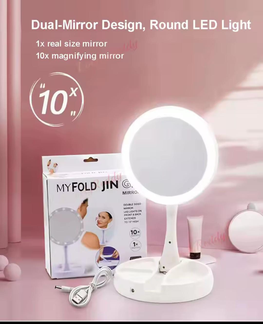 Portable Makeup Mirror with LED Light & 10X Magnification – Travel Beauty Mirror
