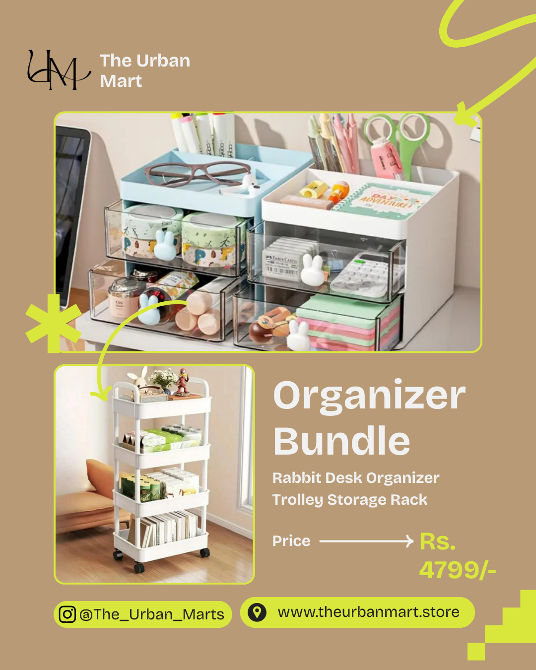 Rabbit Desk Organizer & Trolley Storage Combo