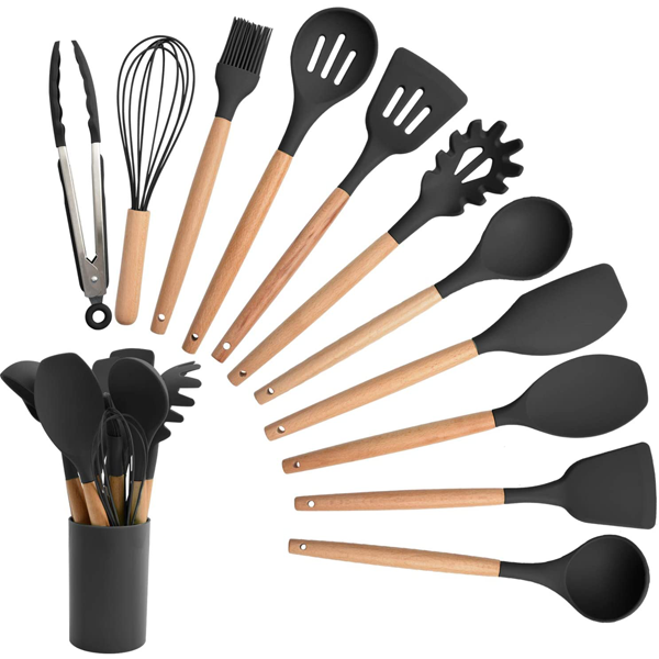 12 Pcs Silicone Cooking Utensils Kitchen Utensil Set -(Random Colour) Heat Resistant Non-Toxic BPA Free Spatula Set with Turner Tongs, Spoon, Brush | Whisk-Wooden Handles Kitchen Gadgets Tools Set for Nonstick Cookware | Kitchen Silicone Spoon Set