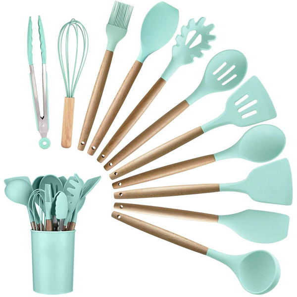 12 Pcs Silicone Cooking Utensils Kitchen Utensil Set -(Random Colour) Heat Resistant Non-Toxic BPA Free Spatula Set with Turner Tongs, Spoon, Brush | Whisk-Wooden Handles Kitchen Gadgets Tools Set for Nonstick Cookware | Kitchen Silicone Spoon Set